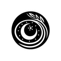 Celestial Emblem A black and white circular featuring a crescent moon, star, and stars, with a sprig of leaves encircling. vector
