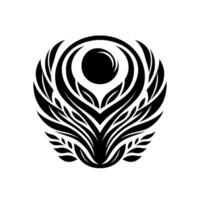 A symmetrical black and white illustration featuring a stylized, organic emblem resembling a crest, composed of leaflike shapes surrounding a central sphere. vector