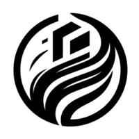 Abstract, Bold, Black and White Logo A Geometric Shape Encased in a Circle with Stylized WingLike Embellishments. vector