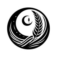 A stylized celestial inside a circle, featuring a crescent moon with a sprig, wheat, and swirling lines, set against a minimalist white backdrop. vector