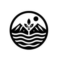 Circular Minimalist Emblem Mountains, Water, and a Plant Symbolize Harmony, Nature, and Growth with a Moon above in Black and White. vector
