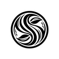 Abstract Black White Circular with flowing, stylized leaves and curves, resembling a YinYang symbol within a geometric frame. vector
