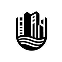 A minimalist, shieldshaped featuring silhouetted buildings and stylized water, creating a unified architectural design. vector