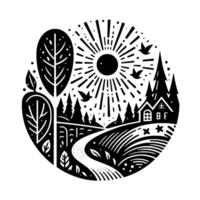 A stylized circular landscape depicting a sunny forest scene with a cabin, trees, a winding road, and birds in flight, rendered in bold black and white. vector