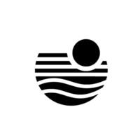 A minimalist black and white abstract evoking sunrise or sunset over water, with horizontal stripes and flowing lines, and a solid circle element. vector