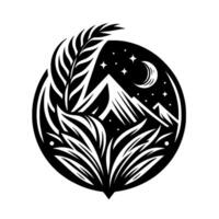A stylized black and white circular emblem depicting a mountain scene under a starry night sky, enclosed by leafy foliage and a crescent moon. vector