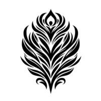 A symmetrical, elegant black and white illustration of a stylized feather, reminiscent of a peacocks, against a clean white backdrop. vector
