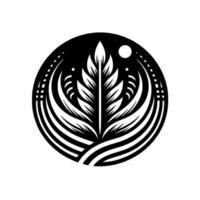 A symmetrical, monochromatic emblem showcasing a central leaflike form within a circle, complemented by curved lines and celestial elements, all rendered with a clean, style. vector