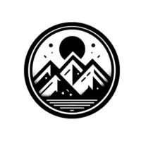 A minimalist mountain and sun badge design, rendered in black and white, features a circular frame, dot shading, and evokes a sense of nature. vector