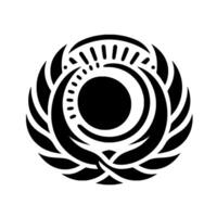 A symmetrical black and white emblem featuring concentric circles with dots, surrounded by stylized leaves and rays. vector