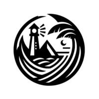 Stylized black and white circular featuring a lighthouse, island, moon, palm tree, and ocean waves, creating a coastal emblem. vector