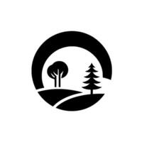 A minimalist black and white featuring a stylized landscape with a round tree and a conifer inside a circular frame. vector