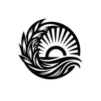 Abstract Black and White Circular Illustration of Sun Rising Above Waves, Featuring Leafy Accents, Evoking a Sense of Serenity and Balance. vector
