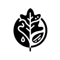 A stylized, monochrome emblem depicting a leaf divided by a central vein, encircled by a round border, suggesting balance. vector
