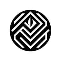 Bold, symmetrical geometric design A black and white circle featuring an intricate mazelike pattern with a central leafshaped element, evoking a sense of modern art and abstract complexity. vector
