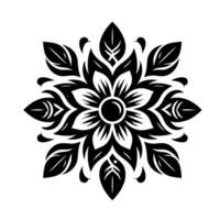 Intricate monochrome floral mandala featuring a symmetrical arrangement of petals and stylized leaves, radiating from a central circular element. vector