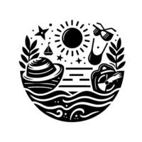 Whimsical Black and White Beach Scene Sun, Waves, Hat, Sunglasses, and More, Enclosed in a Circular Design. vector