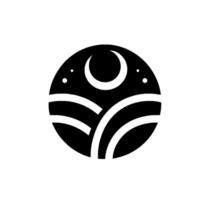 Minimalist night scene inside a circle, featuring a crescent moon, stars, and stylized hills. vector