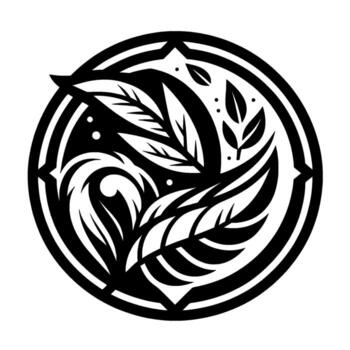 Intricate Black and White Emblem Featuring Stylized Leaves and Botanical Elements within a Circular Frame, Representing Natures Harmony. vector