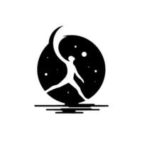 Silhouette of a person leaping towards a crescent moon within a starspeckled circle, evoking a sense of freedom and aspiration. vector