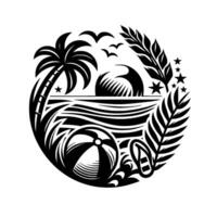 A stylized, circular emblem of a tropical beach scene, featuring a palm tree, sun, birds, waves, beach ball, flipflop, and foliage, all rendered in black and white. vector