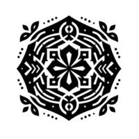 Intricate black and white symmetrical geometric featuring a central starlike motif with stylized floral and arrowlike elements in an octagonal frame, with dotted border accents. vector