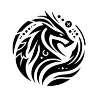 A stark, tribalinspired illustration of a wolfs head within a circle, featuring stylized curves, points, and symbolic dots, creating a bold black and white graphic. vector