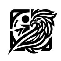 Abstract Black and White Eagle Logo A stylized featuring a powerful eagle head with intricate feather detail integrated within a geometric frame with symbolic elements. vector