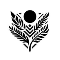 A symmetrical black and white floralinspired emblem featuring a central circular element, framed by leaflike forms and geometric details. vector