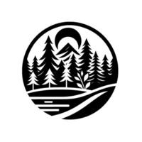Black and white minimalist circular illustration of a forest landscape featuring pine trees, a stylized mountain, a crescent moon, and a body of water in a serene, style. vector