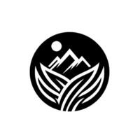 Abstract black and white minimalist featuring mountains, sun, and stylized leaves within a circular frame, suggesting natures harmony. vector