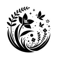 Intricate black and white botanical design a stylized circle featuring a prominent flower, butterflies, delicate foliage, small flowers, and stars, creating a harmonious, natureinspired composition. vector