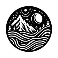 Monochromatic Circle Illustration of a Mountain Landscape at Night with Crescent Moon, Stars, and Forest, Depicting a Serene and Minimalist Scene. vector