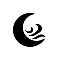 Abstract black ink minimalist featuring crescent moon and water waves, evoking peace and tranquility on white background. vector