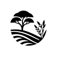 A minimalist black and white featuring a tree on a hilly field with wheat and other greenery, evoking rural landscape beauty within a circular frame. vector