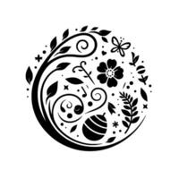 A stylized, monochromatic, circular composition featuring flora and fauna elements, including a flower, leaves, a butterfly, and swirling designs. vector
