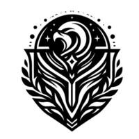 Intricate black and white emblem featuring an eagle head within a celestial circle, combined with stylized wings, laurel and shield elements. vector