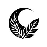 A stylized, black and white emblem composed of a crescent moon silhouette filled with a detailed leaf arrangement and framed by two leafed branches. vector