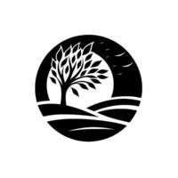 Monochromatic Logo Silhouette of a tree in a circular frame, featuring rolling hills, a stylized moonsun, and birds. vector