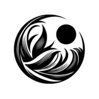 A stylized, circular black and white depicting a naturalistic wave and leaf composition, with a dark circle suggestive of the sun or moon, all set against a pure white backdrop. vector