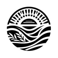 Stylized Polynesian Symbol A circular emblem depicting a sunrise over stylized ocean waves, a branch, and a patterned sun with dot details. vector