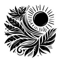 Intricate Black White Circular Illustration of Sunburst Foliage, Modern Abstract, Bohemian Style, Botanical vector