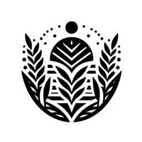 Intricate Black and White Geometric Featuring Stylized Leaf Elements, a Central Oval Structure, and Scattered Dots on a White Background. vector