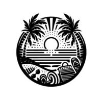 Silhouette of a Tropical Beach Scene at Sunset, Featuring Palm Trees, Beach Accessories, and a Circular Composition. vector