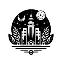 Stylized monochrome cityscape with a central skyscraper, flanked by buildings and foliage, set against a celestial night sky backdrop. vector
