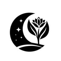 Serene Night Bloom A stylized black and white depicting a lotus flower emerging from a crescent moon amidst a starry sky, evoking peace. vector