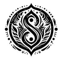 Intricate symmetrical black and white ornamental featuring stylized curves, leaf elements, dots, and an abstract figure. vector
