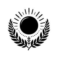 A bold, minimalist emblem features a black sun radiating light within a laurel wreath, all set against a clean white background. vector