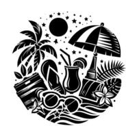 Black and White Summer Icon Beach essentials, palm trees, cocktail, and sun under a starry sky, arranged in a circular composition. vector