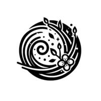 Elegant black and white floral emblem design, composed of swirling lines, leaves, blossoms, and stars within a circular frame on a minimalist white background. vector